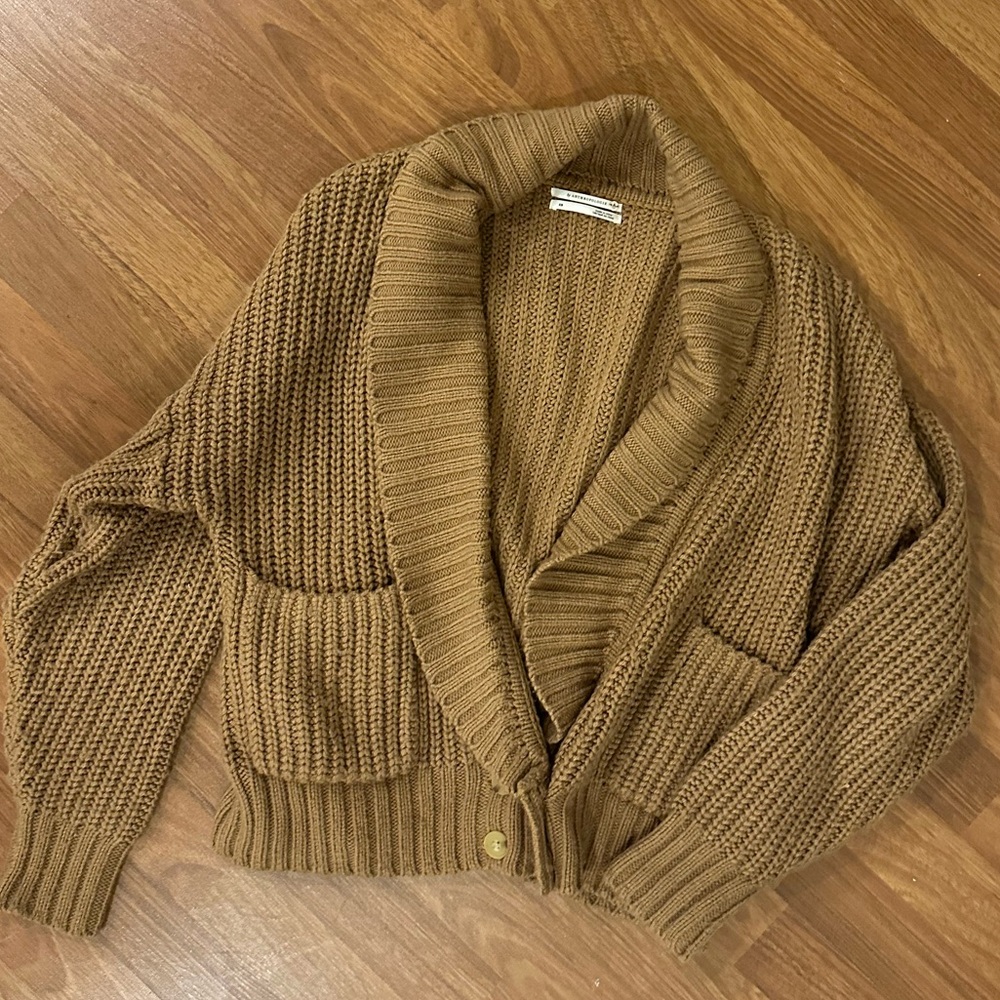 Anthropologie Tan Ribbed Knit Cardigan Sweater